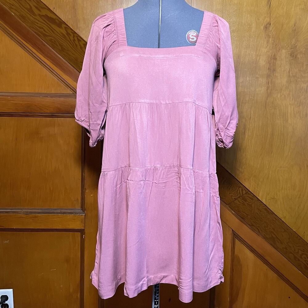 Shinestar - Tiered Puff Sleeve Squared Neck Pink Sundress - Size S - Excellent